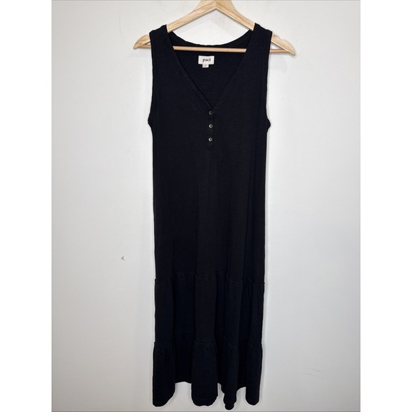 Pact Tiered Tank Midi Dress M Black Organic Cotton Lagenlook Sustainable Henley - Picture 2 of 7